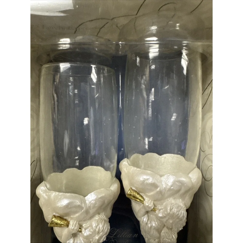 Set Of 2 Vintage‎ Cherubs CHAMPAGNE TOASTING Resin Glass FLUTES Holy Angels